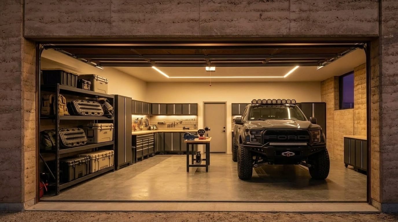 Tarek Garage Door Specialist Interior View of Custom Garage Door Overhead and Workshop